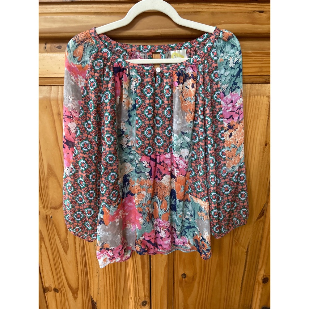 Fig and Flower Womens Mixed Floral Geometric Print Peasant Blouse Orange Teal M